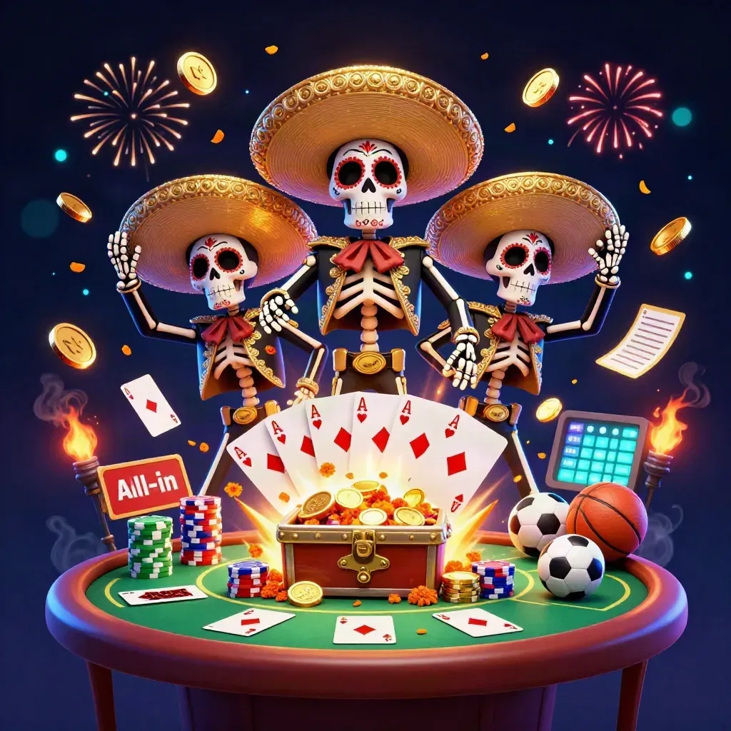 Skeleton mariachi trio celebrates amid coins, chips, cards, fireworks, and neon casino glow.