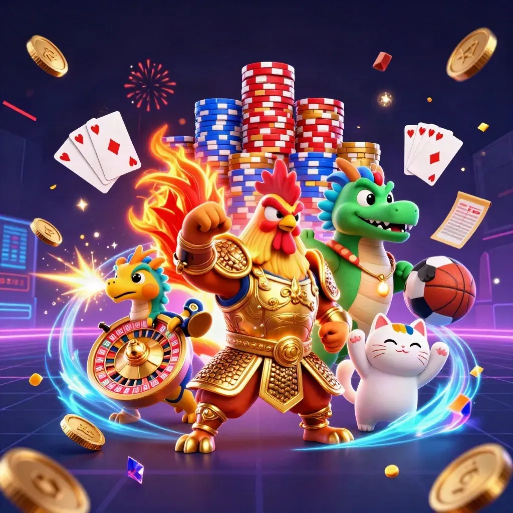 Rooster warrior, dragon hatchling, and fortune-cat amid coins, chips, fireworks, and neon casino effects.
