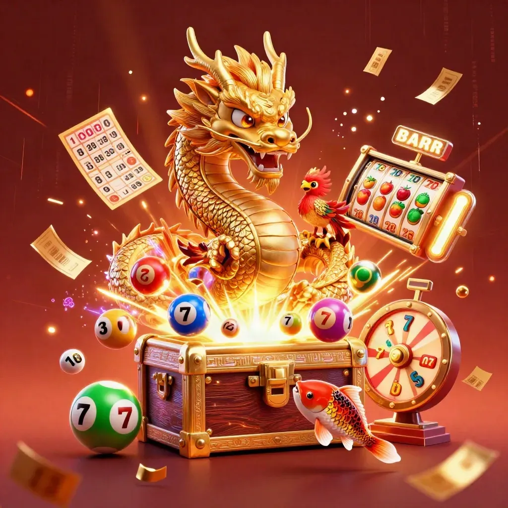 Golden dragon with phoenix and koi amid casino symbols and neon energy on a dark crimson glow