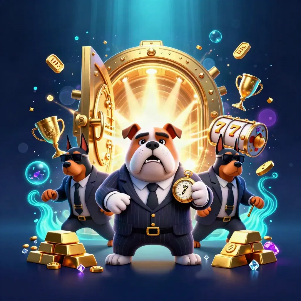 Mob boss bulldog and Doberman guards amid vault gold, reels, gems, and blue magic.