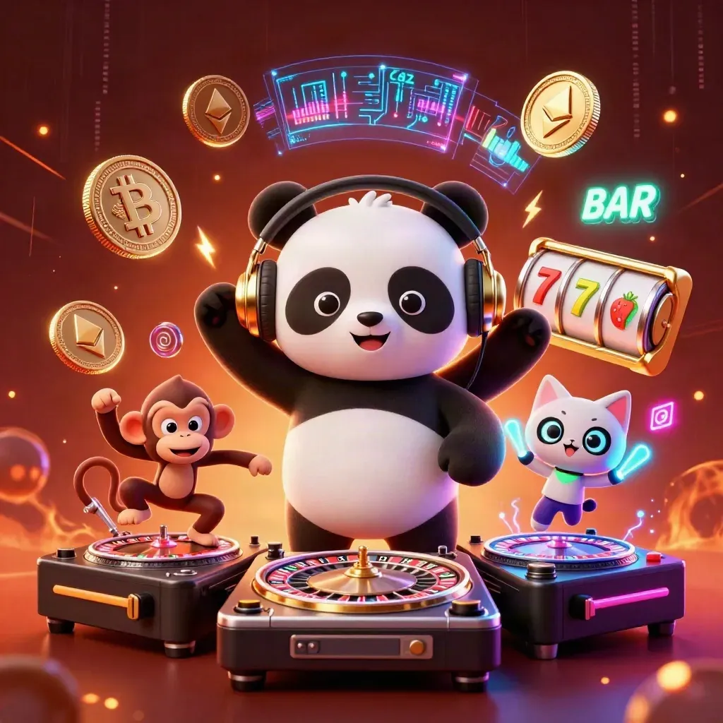 DJ panda, breakdancing monkey, and rave kitten amid casino coins, lightning, and ember glow.