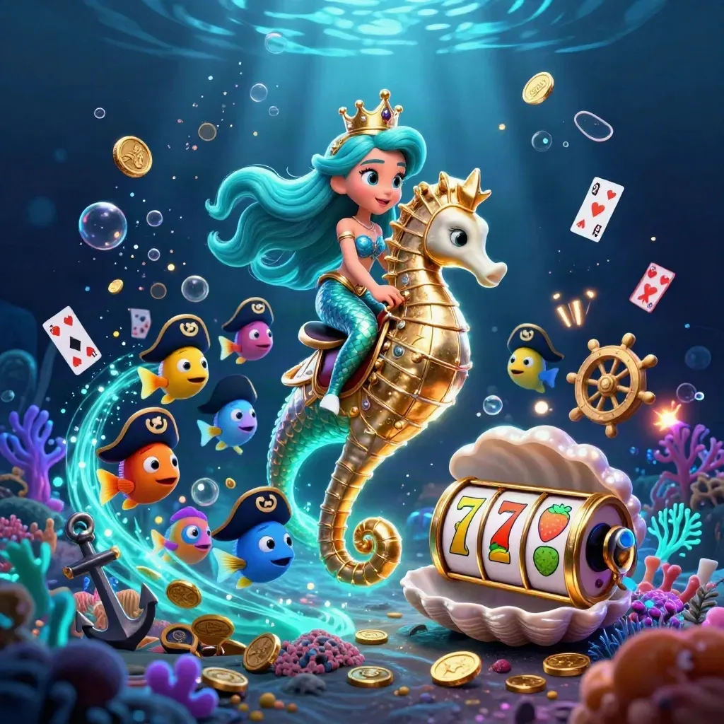 Mermaid princess on armored seahorse in a glowing treasure cove with pirate fish and slot symbols.