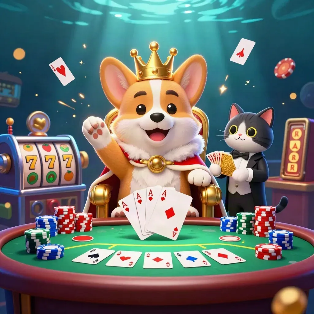 Royal corgi and cat butler in a casino splash scene with chips, cards, and neon light.