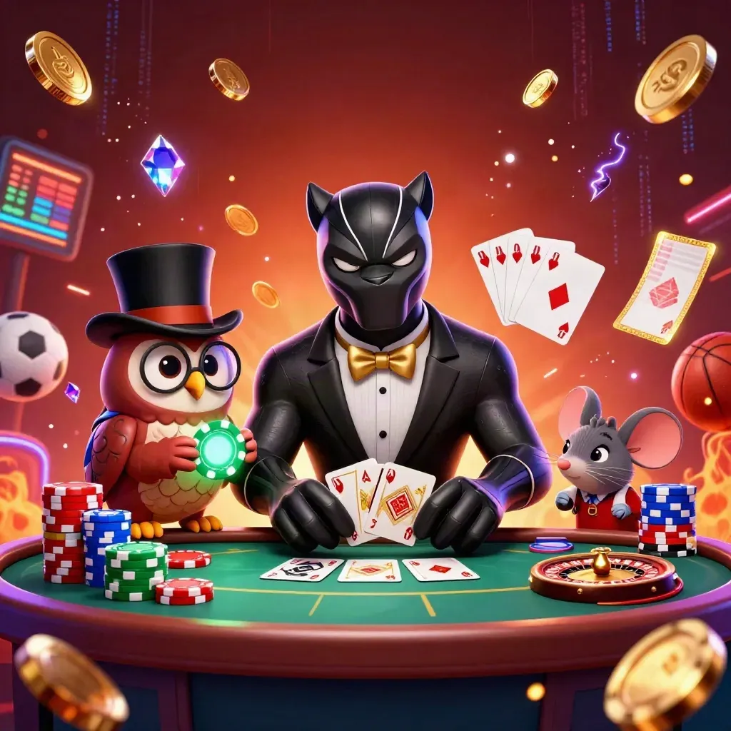 Panther, owl, and mouse in a neon casino scene with chips, cards, roulette, coins, and sports balls.