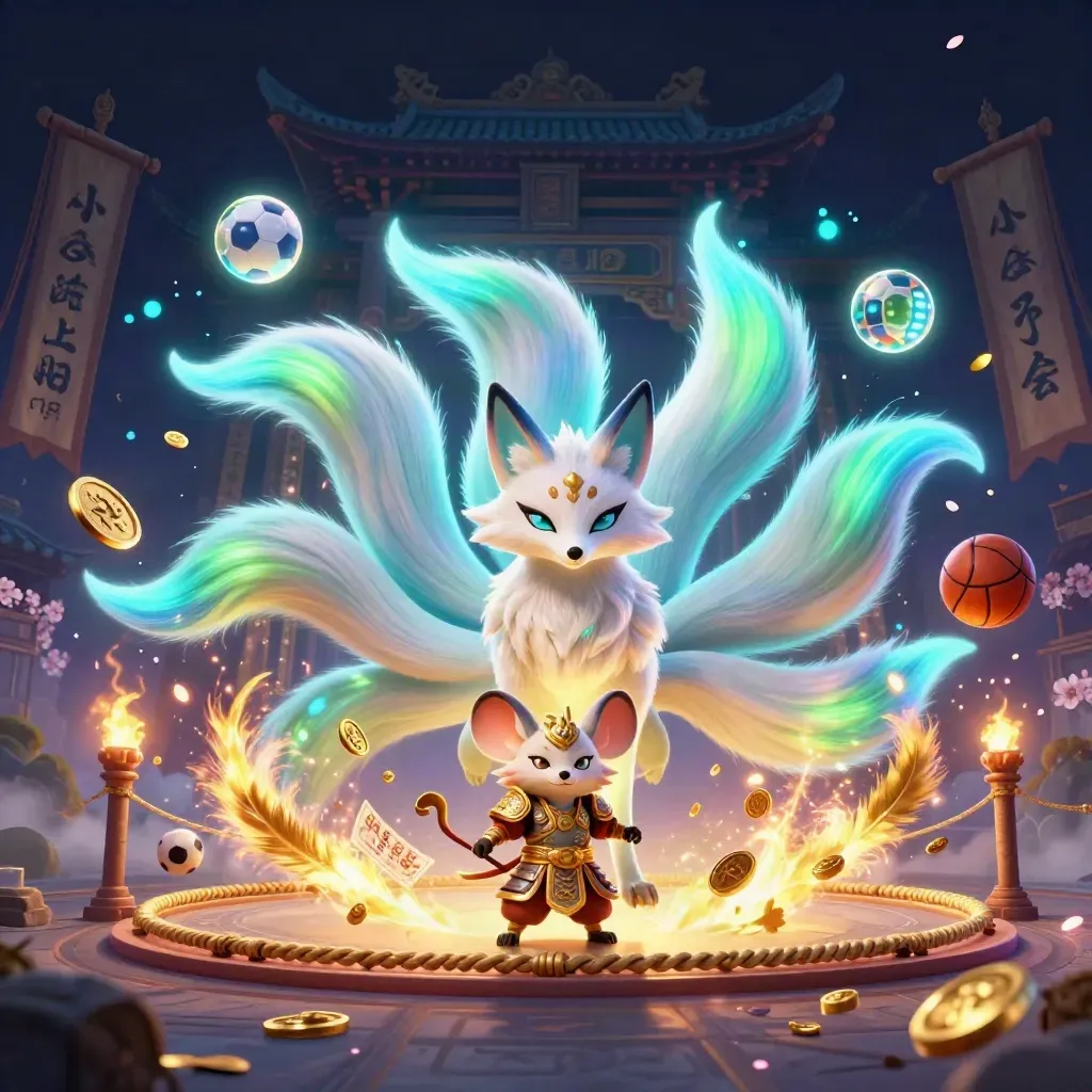 Nine-tailed fox spirit and armored mouse amid gold, neon sparks, temple gate, and casino relics.