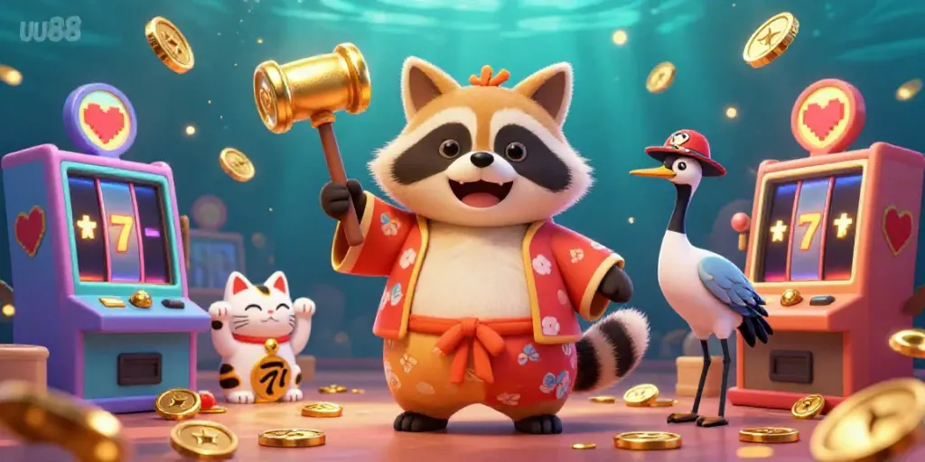 Experience the excitement of uu88 with cheerful tanuki and vibrant slot machines in a lively casino illustration.