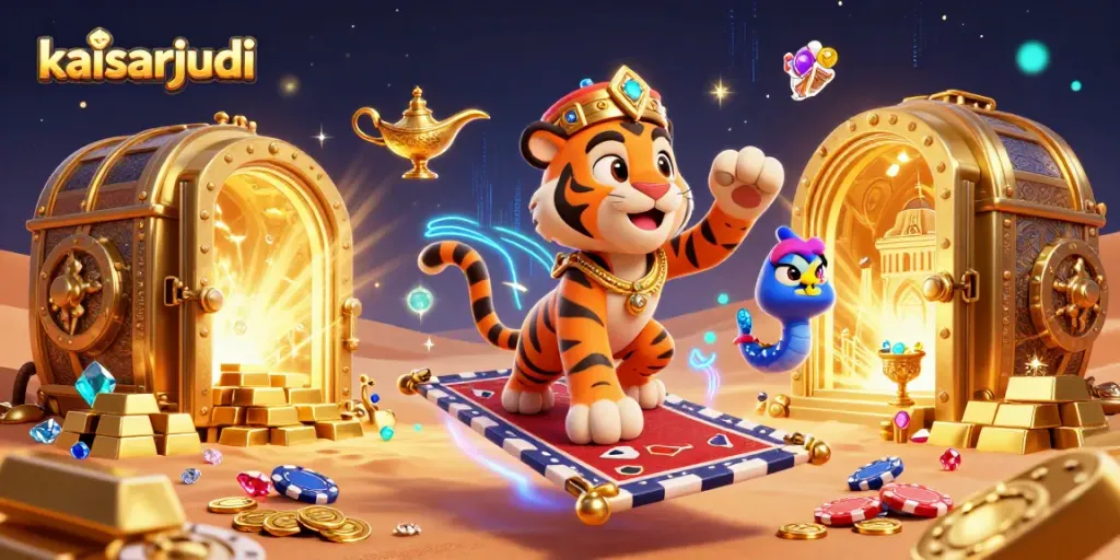 Kaisarjudi interactive gameplay with a 3D Arabian Nights sultan, magic lamp, and treasure vault showcasing exciting casino action.
