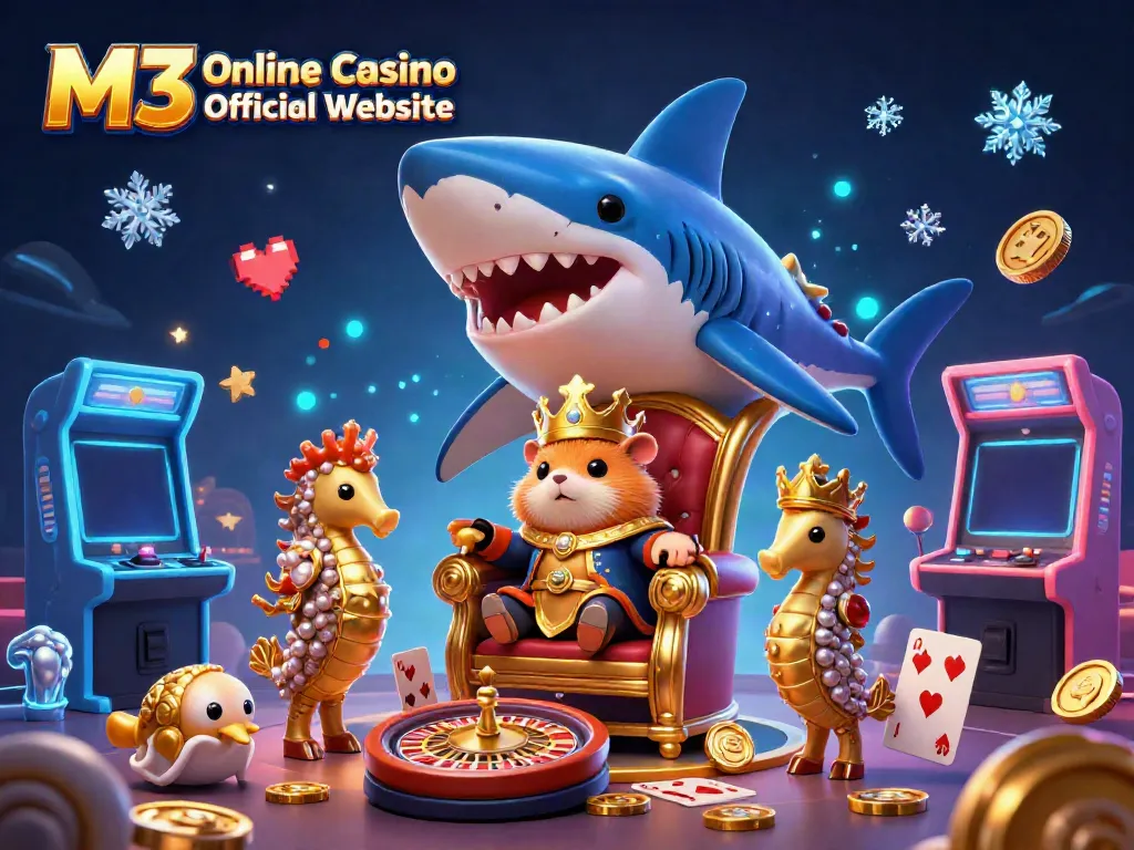 Experience the thrilling world of M3 Online Casino Official Website with a vibrant 3D casino illustration featuring a golden hamster king and casino elements.