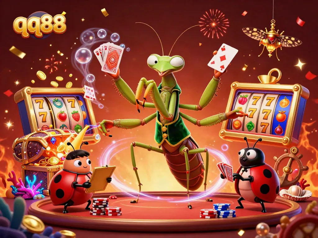 Engage in thrilling gaming moments with qq88's vibrant 3D casino illustration featuring unique characters and dynamic elements.