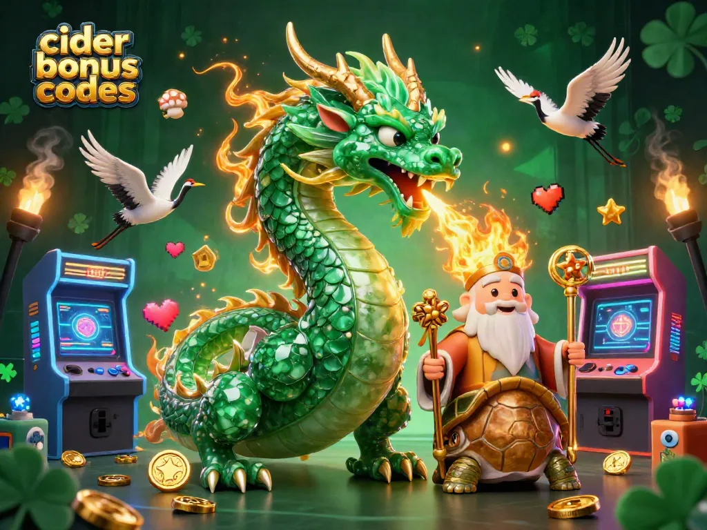 Cider casino bonus codes displayed in a vibrant 3D dragon and turtle scene with gaming elements.