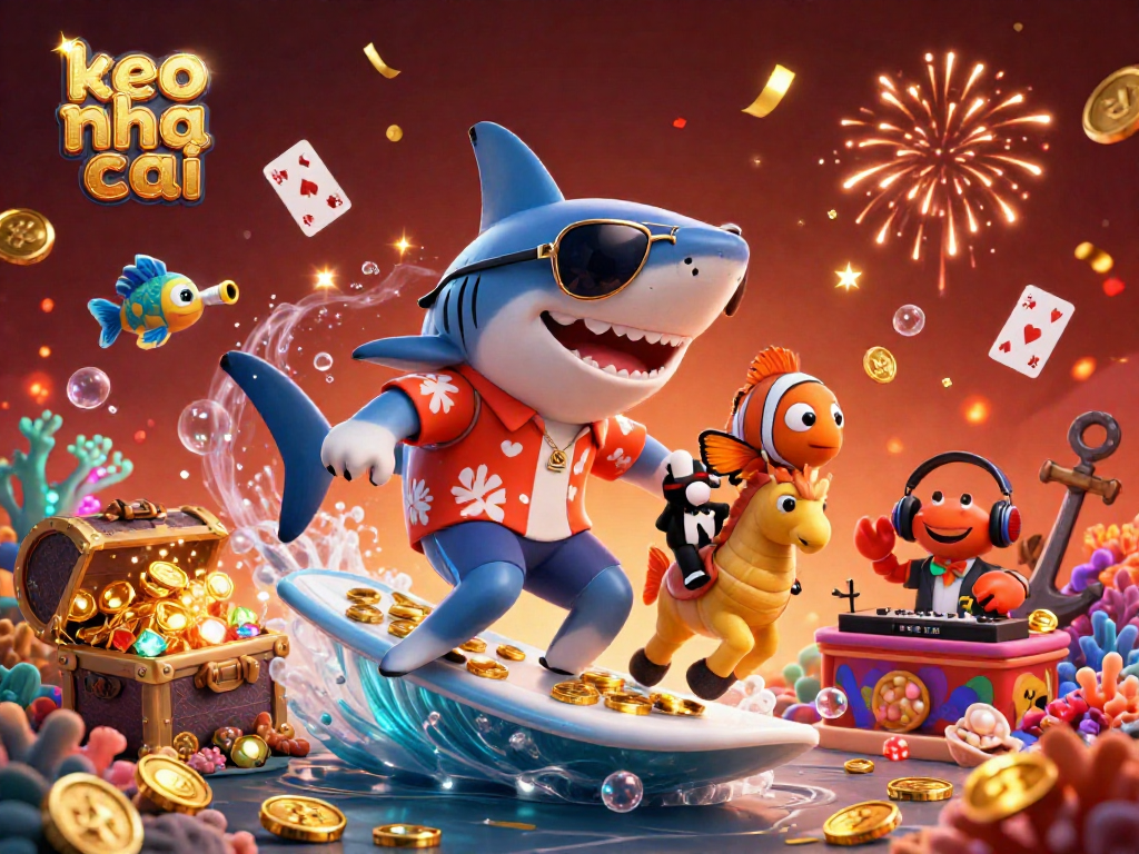 Experience excitement with keo nha cai as a shark rides gold coins with coral decor at this vivid casino scene.