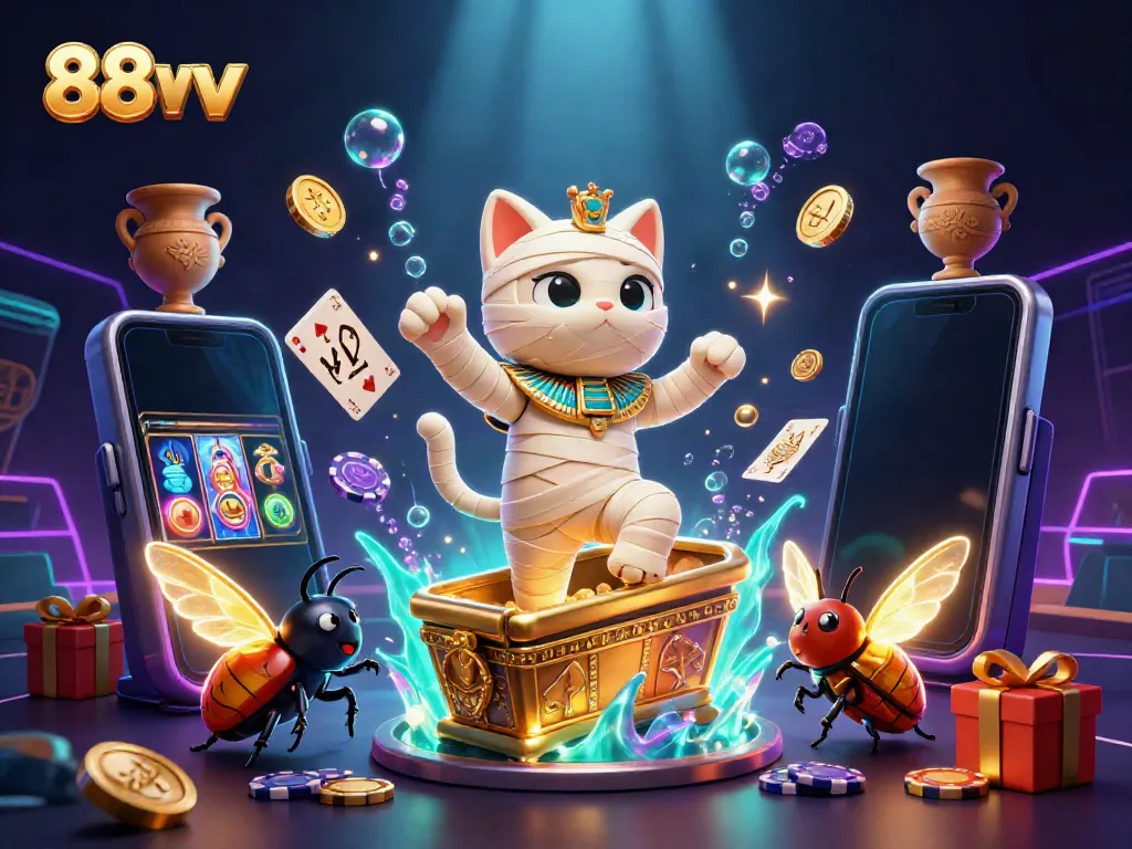 Engaging scene showcasing a mummy cat and scarab at 88vv casino, illustrating dynamic gaming action