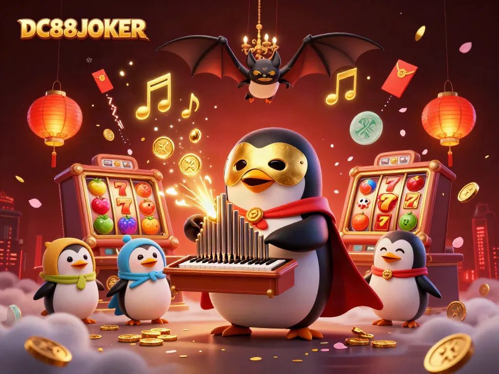 Experience the excitement of DC88JOKER with a 3D cartoon penguin and gold coins in a lively casino scene.