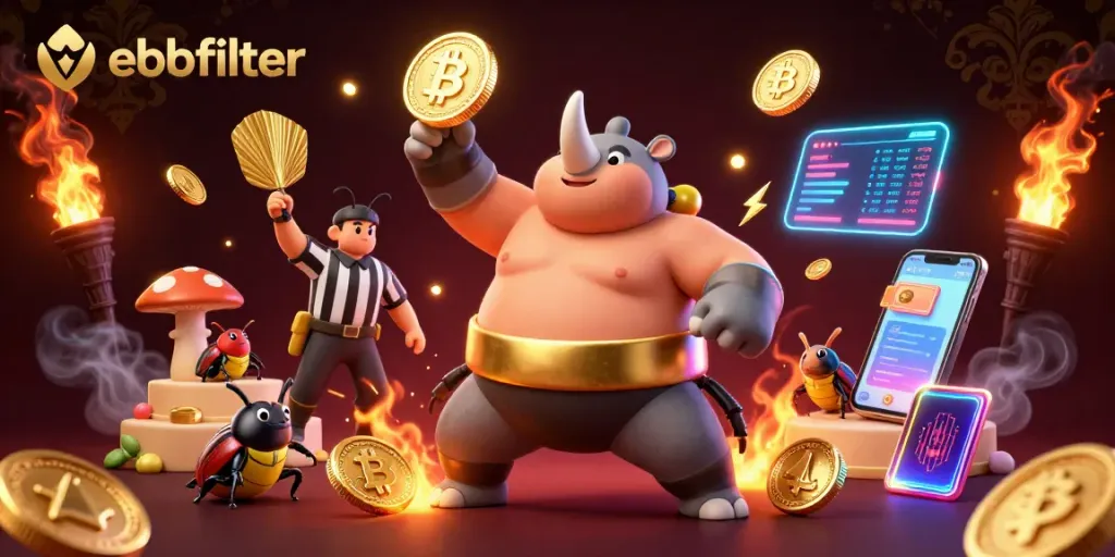 Spin reels with ebbfilter while enjoying the lively 3D casino scene featuring beetle champions and crypto elements.