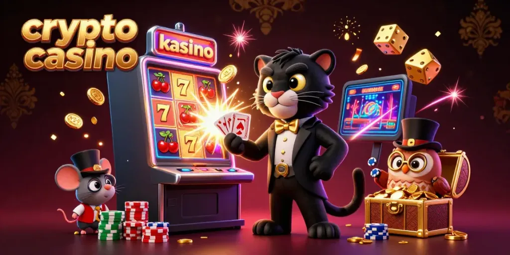 Experience the excitement of a crypto casino featuring dynamic characters, slot machine action, and vibrant game elements.