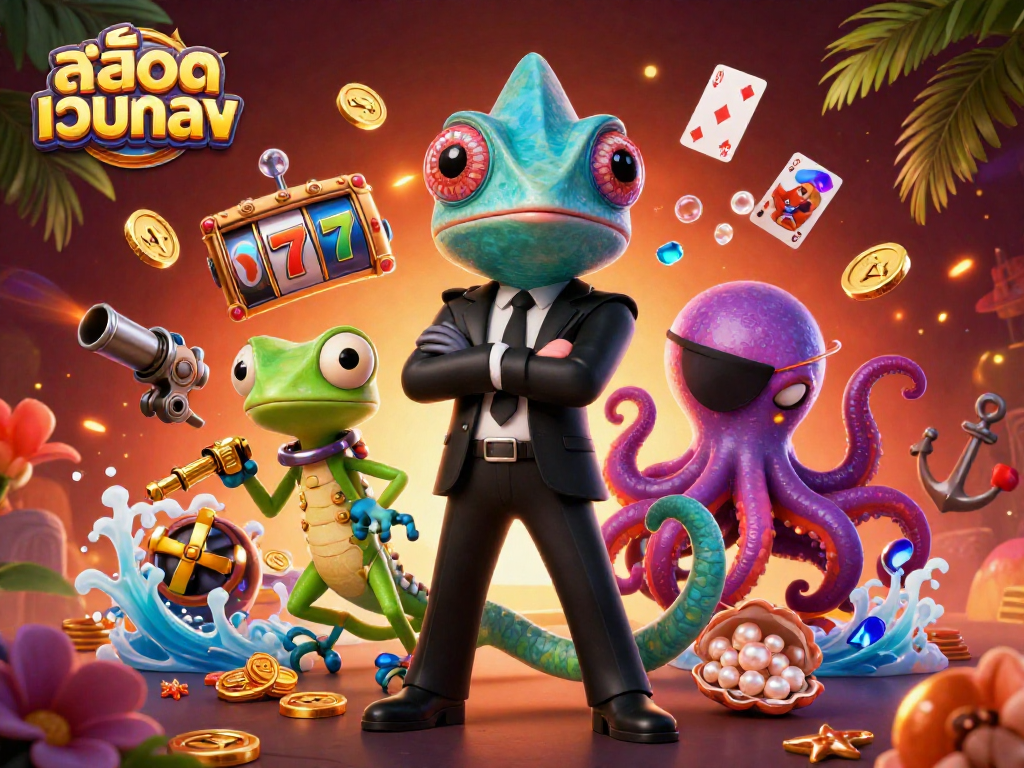 Spin the reels at สล็อตเว็บตรง with vibrant characters and gold treasures in this exciting 3D casino scene.