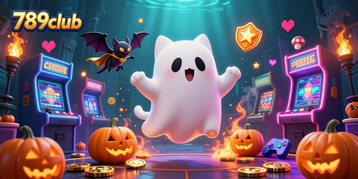 Chơi game tại 789club với hình ảnh ma mèo, dơi và đèn lồng poker rực rỡ trong không gian sòng bài.