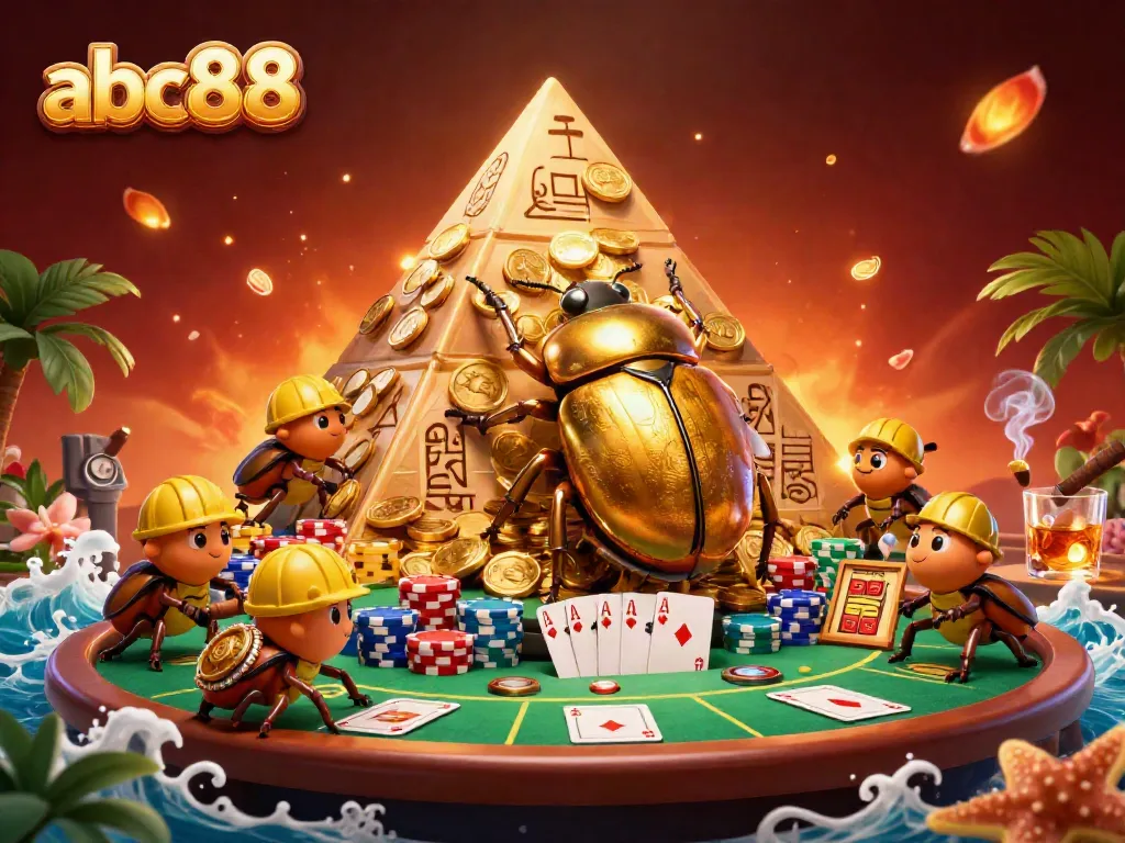 abc88 showcases a vibrant 3D illustration of a golden dung beetle and poker elements illustrating an exciting online casino experience.
