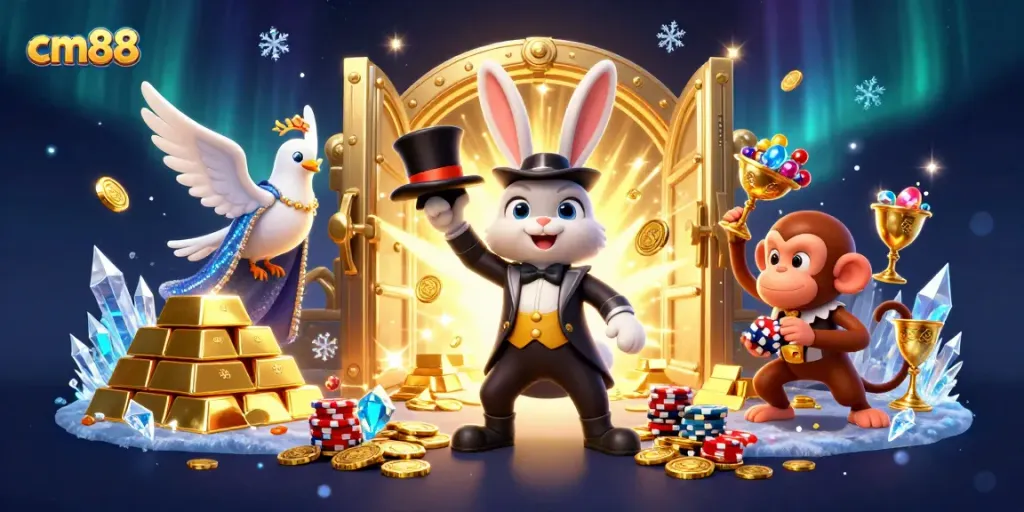 Experience thrilling gaming moments with cm88's exciting characters and magical elements in a vibrant casino scene.