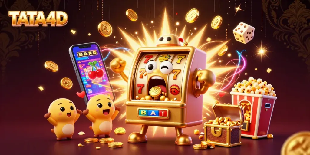 TATA4D's golden slot machine celebrates a jackpot win with overflowing coins, creating excitement in the casino scene.