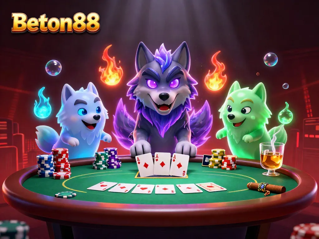 Beton88 menghadirkan suasana permainan poker dengan kepemimpinan serigala kartun yang memikat dan banyak chip berwarna.