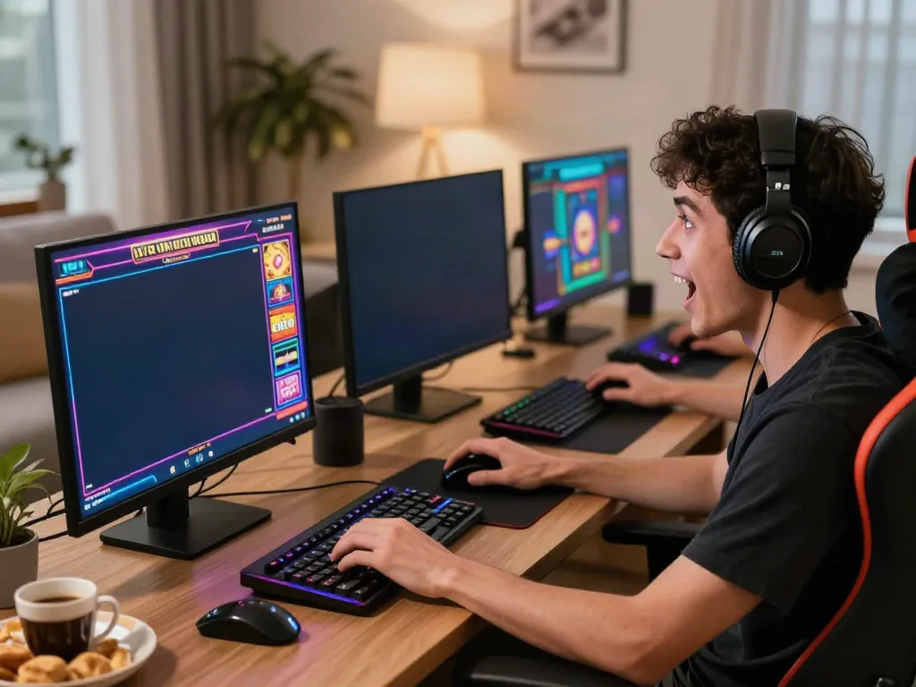 Exciting luxury12 online gaming scene with a player immersed in slot games and vivid graphics.