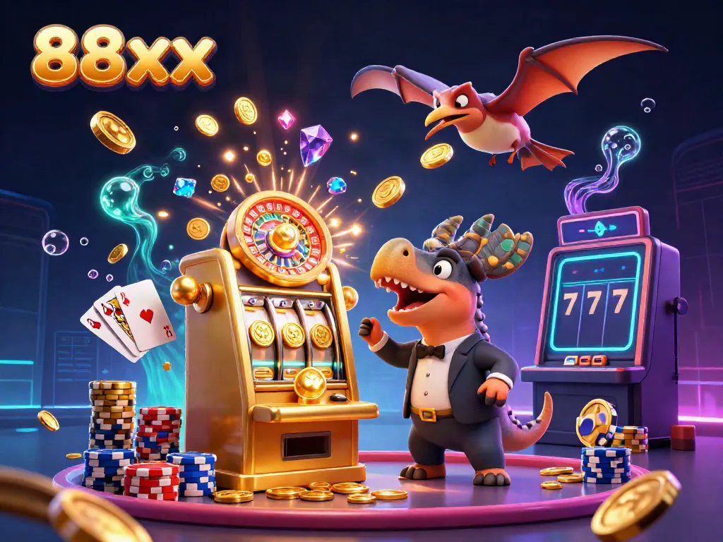 88xx captures an energetic casino scene with a dinosaur interacting with a golden slot machine amidst golden coins and gems.