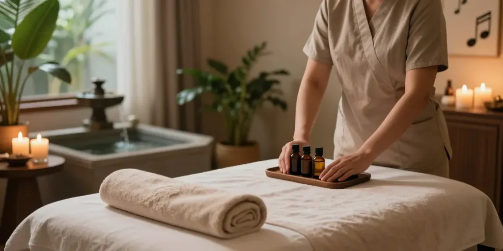 Experience luxurious 일산출장안마 with serene spa ambiance and skilled therapist preparing for your ultimate relaxation.