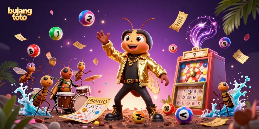 Engage with bujang toto in this vibrant casino-themed illustration, showcasing colorful lottery elements.