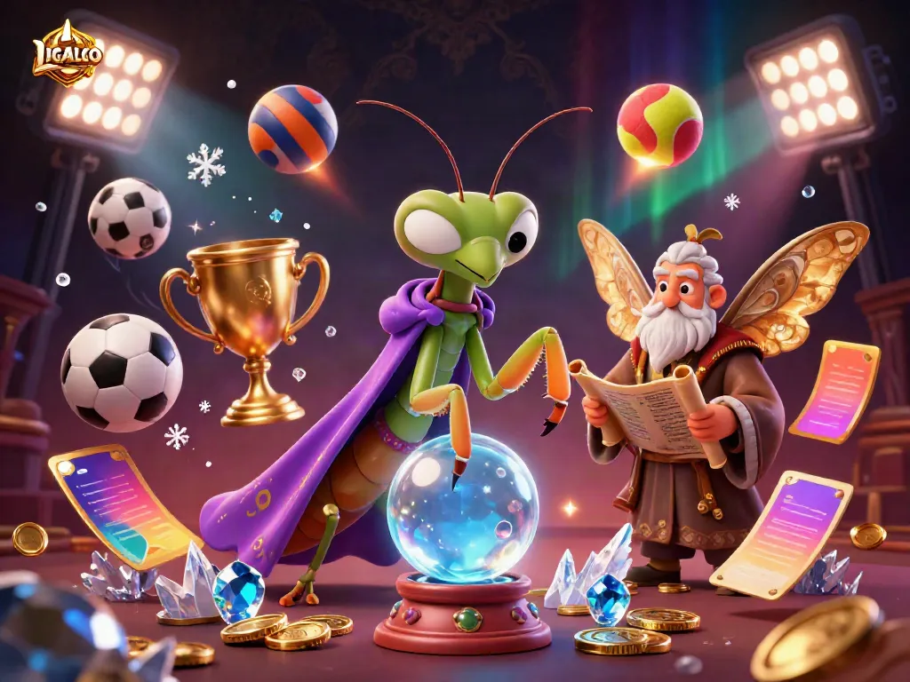 LIGALGO fortune teller scene with sports betting elements and vibrant energy