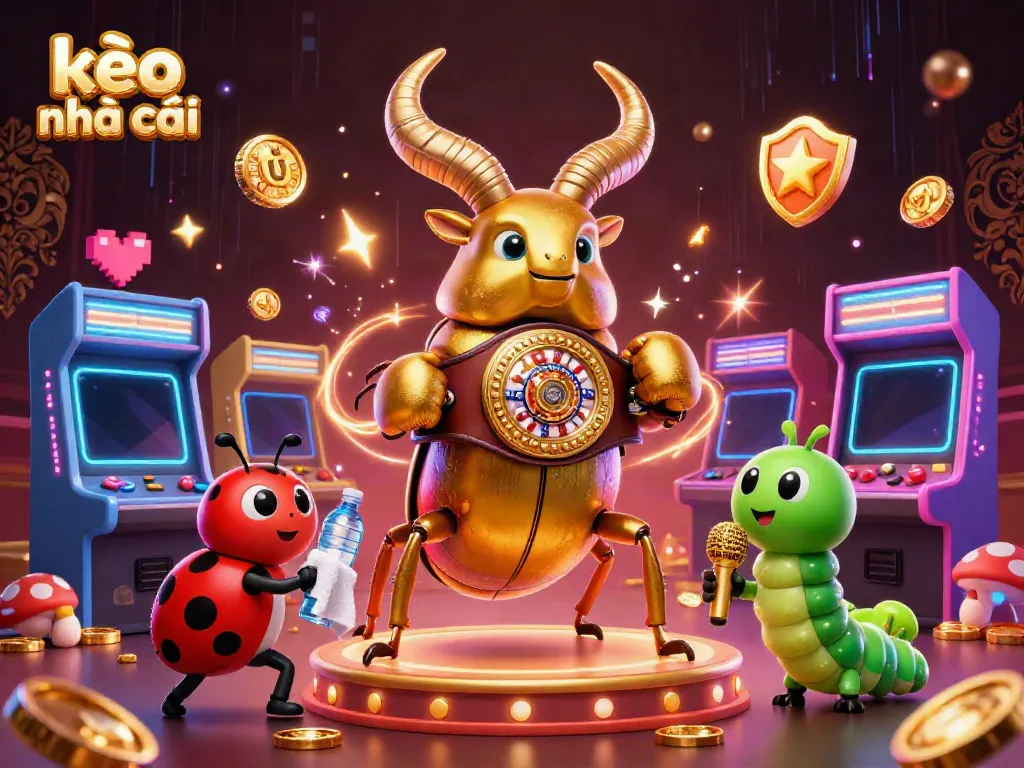 Engage in the excitement of kèo nhà cái with a giant golden stag beetle champion surrounded by vibrant arcade elements.