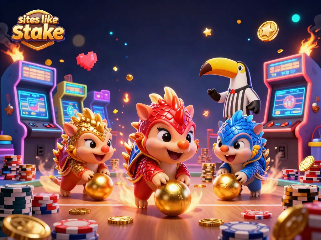 Pangolins bowling through poker chips in a vibrant 3D casino scene featuring sites like stake