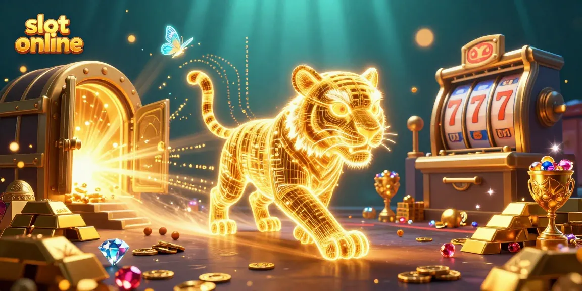 Menangkan slot online dengan tiger emas bercahaya dan harta karun berlimpah di latar kasino digital