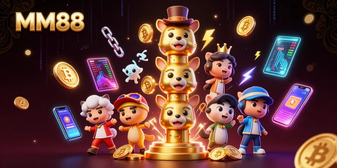 Bet on MM88 with a vivid totem pole and cryptocurrency elements, showcasing captivating gaming energy.