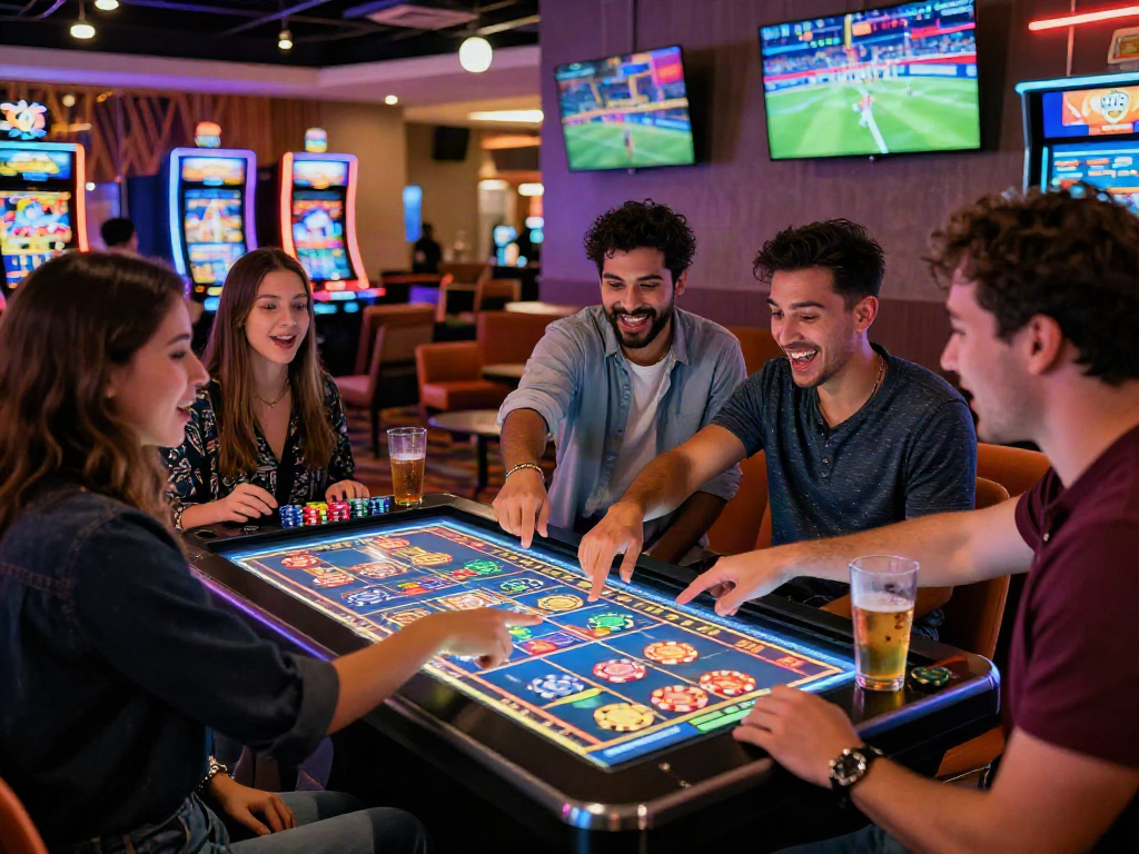 Friends enjoying a thrilling gaming experience analyzing harga toto results in a lively casino setting.