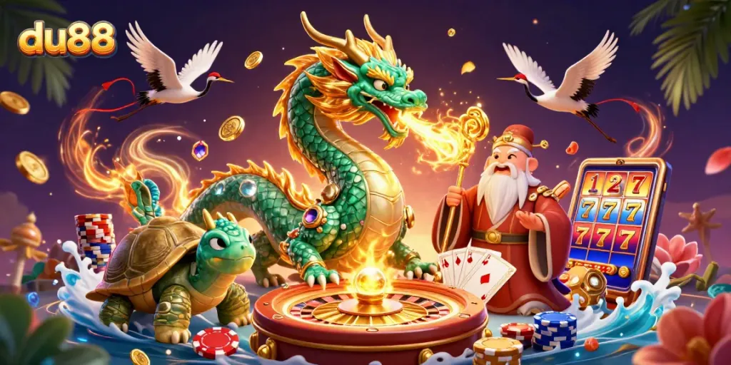 Experience the thrill of du88 with captivating characters and exciting casino elements in a vibrant 3D scene.