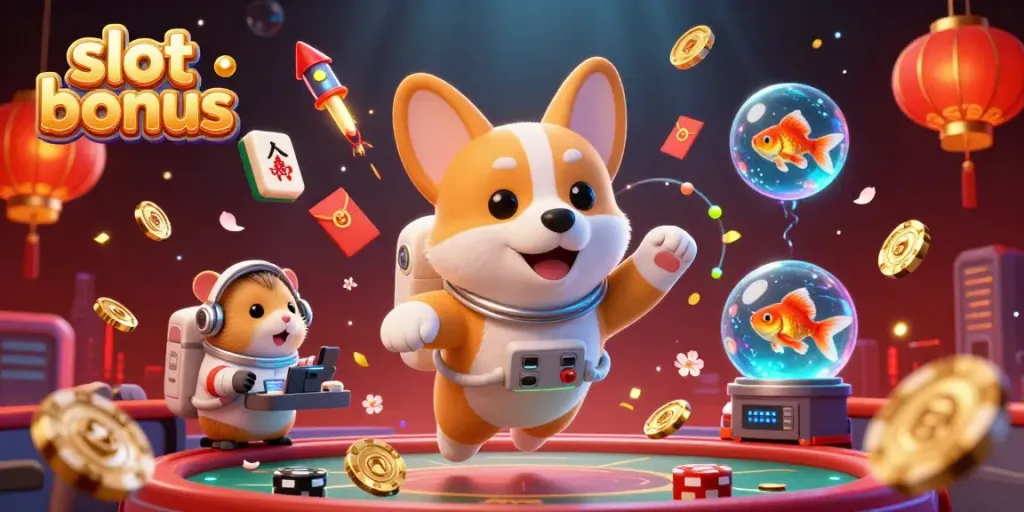 Engage with the exciting slot bonus scene featuring floating casino elements and characters, showcasing thrilling gameplay.