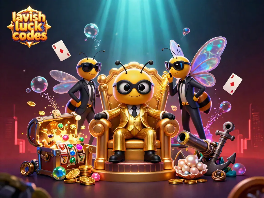 Engage with lavish luck promo codes while exploring a vibrant 3D casino-themed illustration.