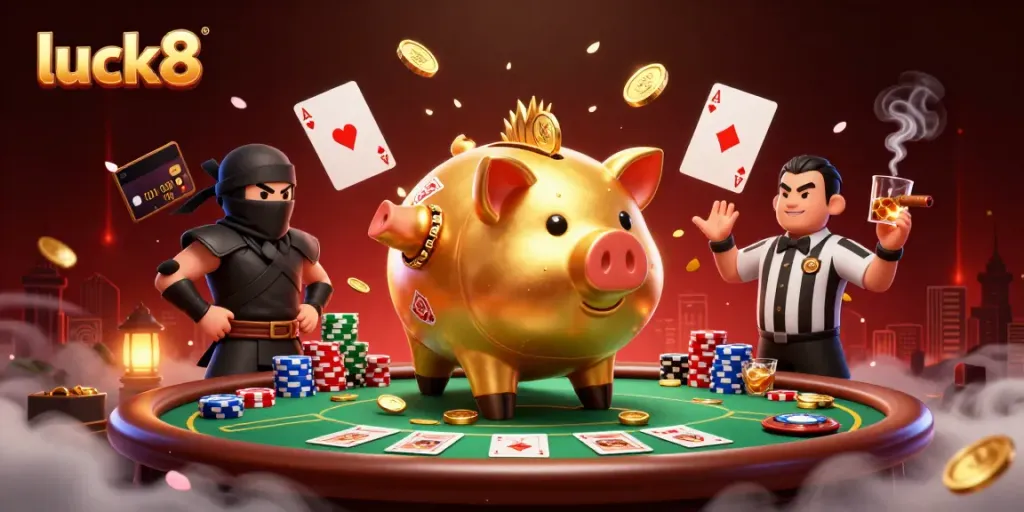 Join the action with luck8 as a golden piggy bank wrestler topples coins in a vibrant casino scene.