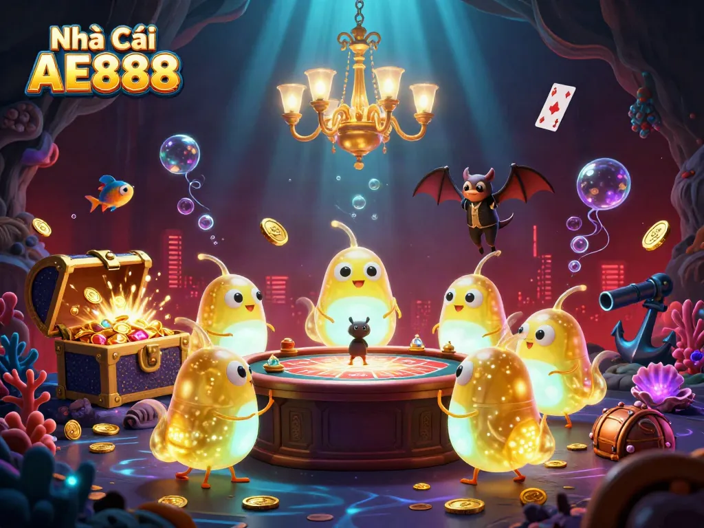 Experience thrill at Nhà Cái AE888 with engaging glowworm casino illustration showcasing fun and adventure.