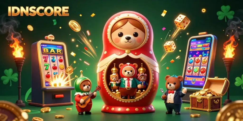 IDNSCORE fun with a lively scene of cartoon bears and a rabbit celebrating casino wins.