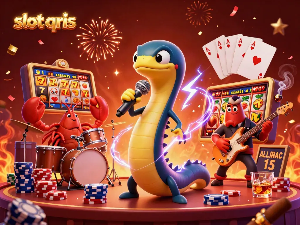 Permainan slot QRIS dengan gulungan slot berwarna cerah dan karakter unik dalam kasino bawah laut.