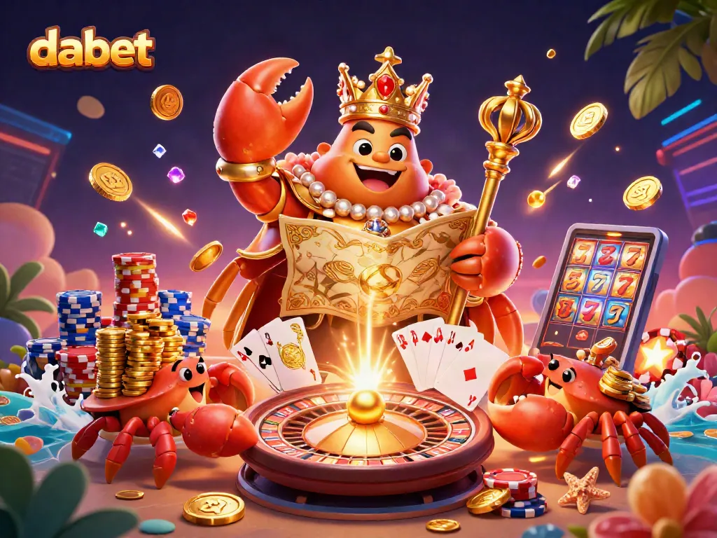 Dabet players enjoy spinning reels and jackpot wins in a vibrant 3D casino scene.