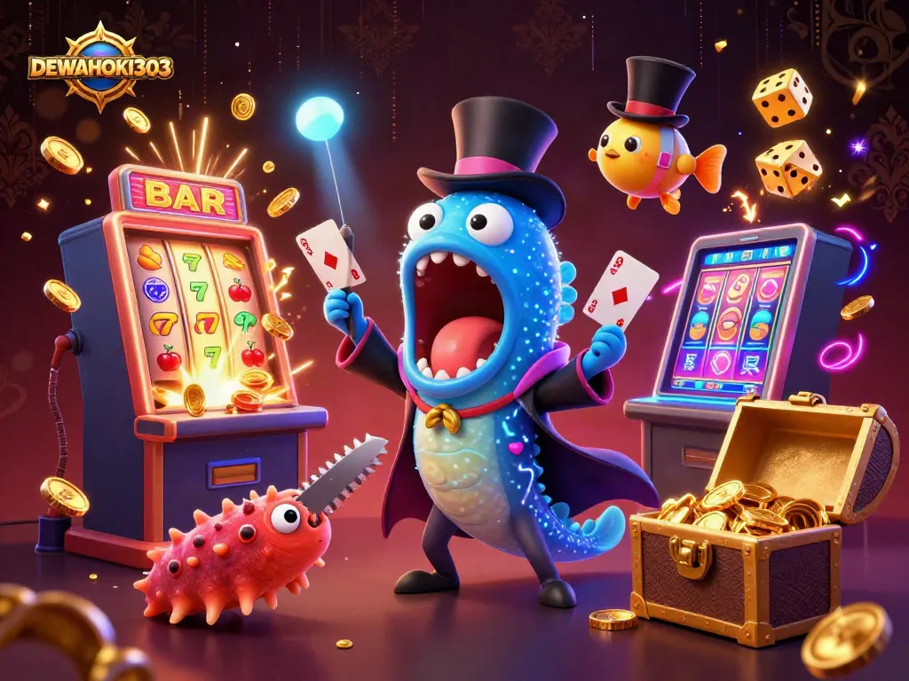 Menguasai permainan dengan DEWAHOKI303, menyaksikan gulper eel menampilkan trik kartu di dunia slot online.