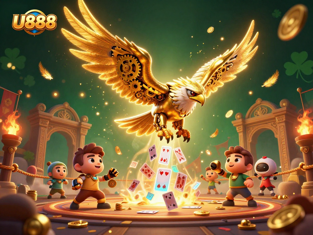 Experience U888's vibrant online casino with a dynamic golden eagle perched amidst colorful gameplay elements.