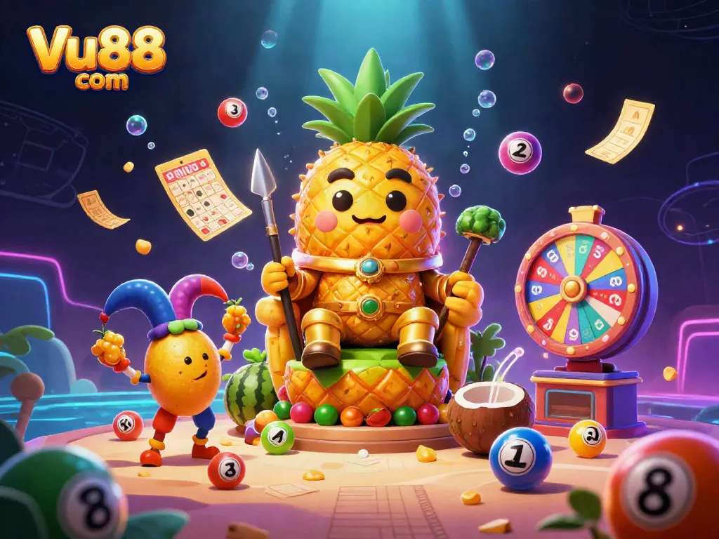 Witness the vibrant scene of Vu88 com with a golden pineapple king and lively casino elements.