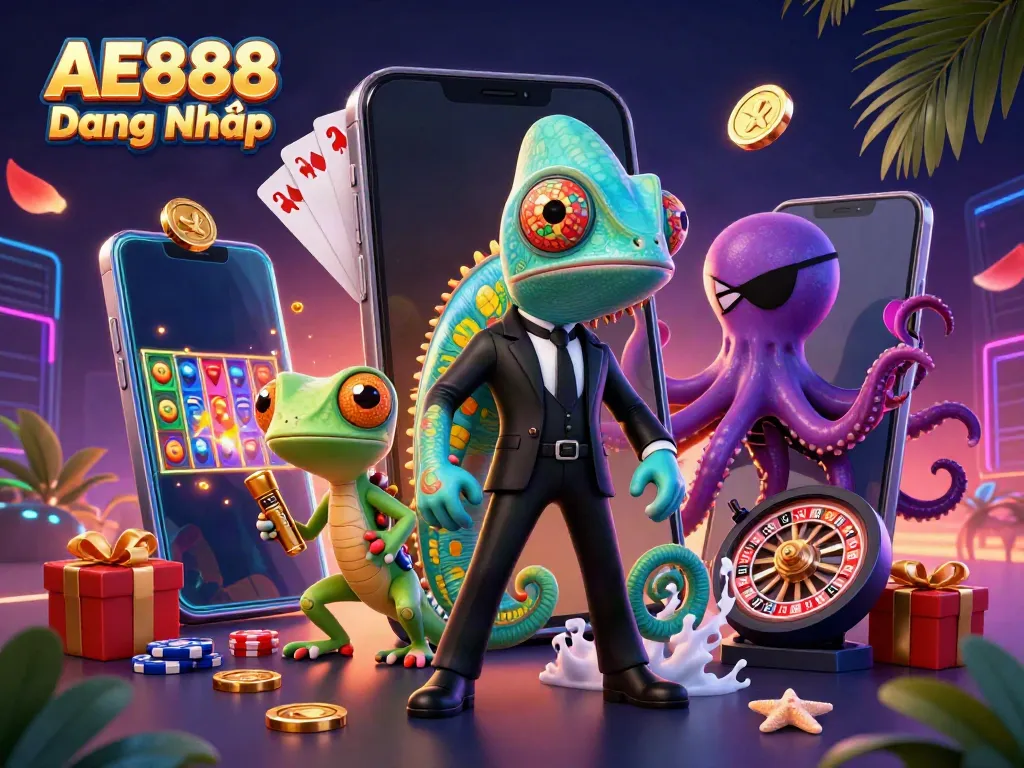 Experience AE888 Đăng Nhập with a dynamic 3D casino scene featuring a secret agent chameleon and gaming elements.