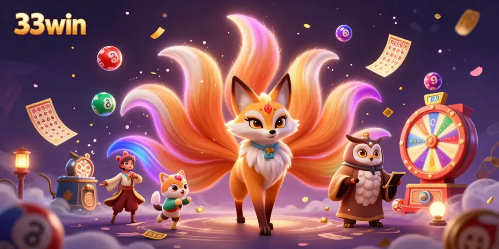 Explore the vibrant world of 33win with colorful lottery balls and mystical spirits enhancing your gaming experience.