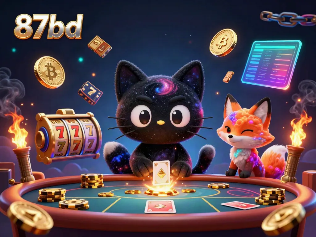 Experience thrilling wins with 87bd as a cosmic cat entices players with golden chips and cards.