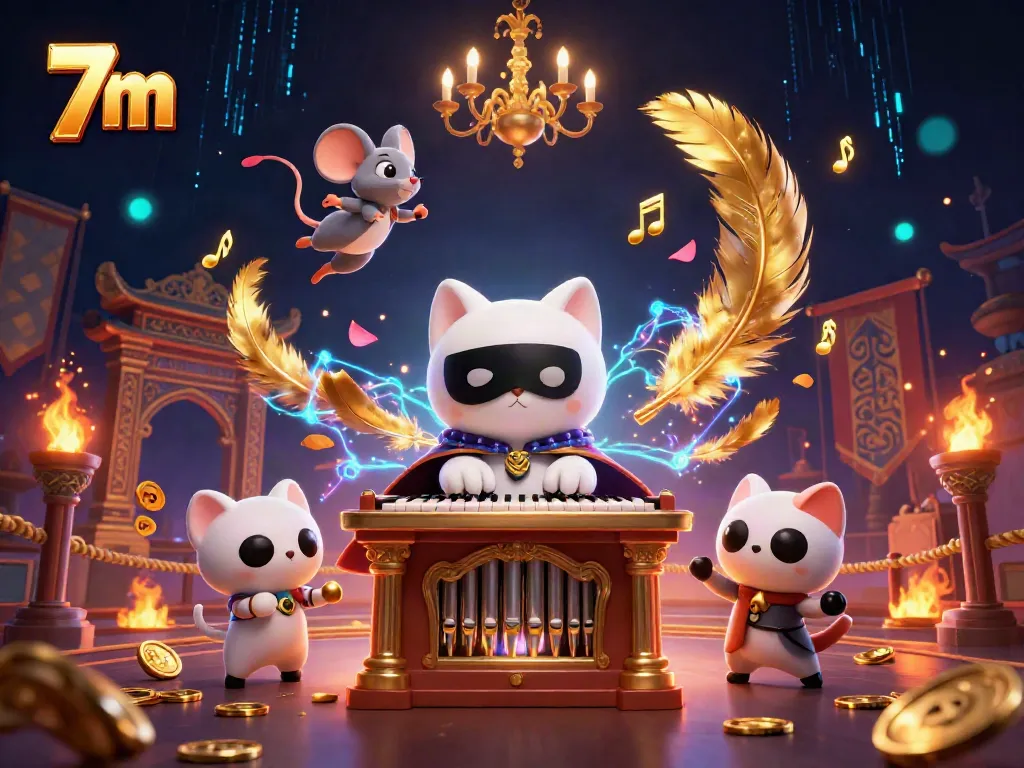 Engage with the 7m casino scene featuring a whimsical cat at a grand pipe organ, surrounded by gold coins and jubilant elements.